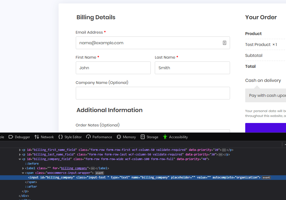 Inspecting element of WooCommerce field