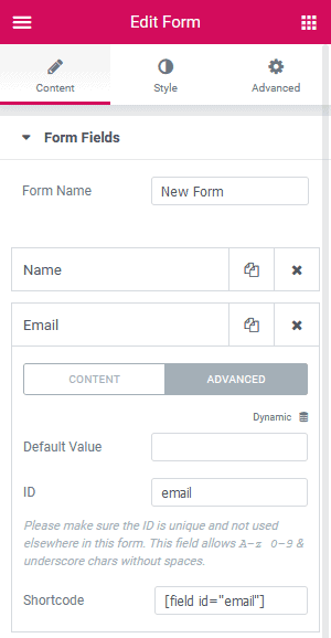 Form fields in Elementor screenshot