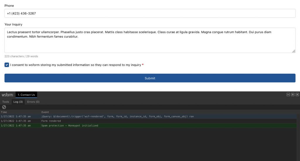 WS Form testing & debugging console