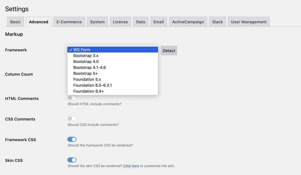 WS Form CSS framework integration