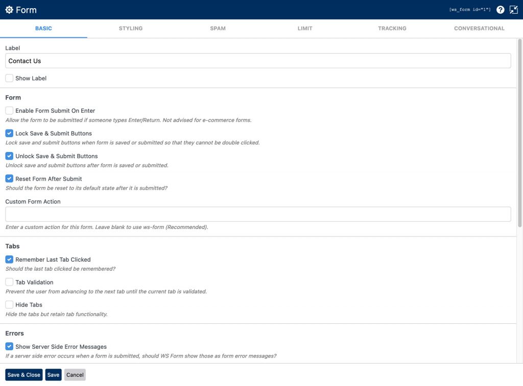 WS Form form settings