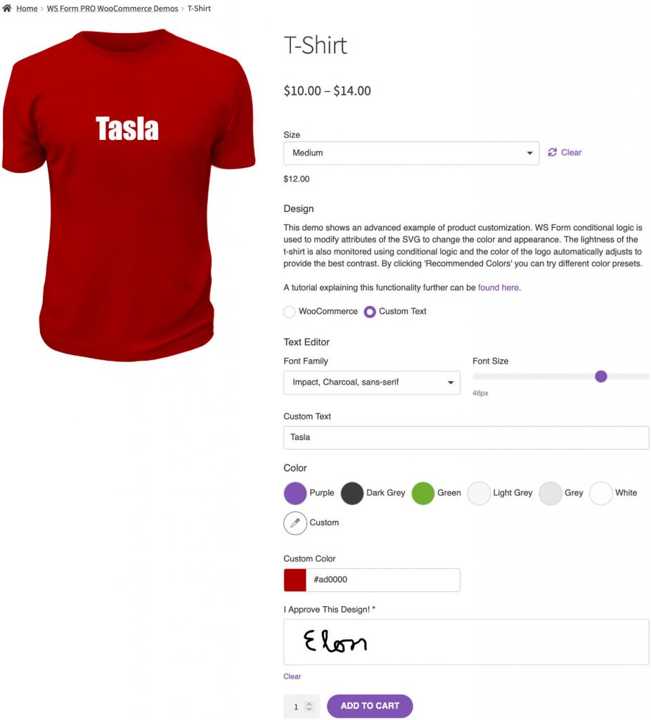 WS Form WooCommerce product page example