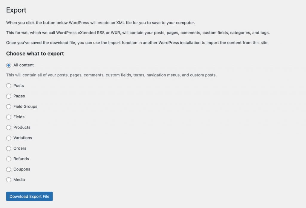 WordPress export - choosing what to export