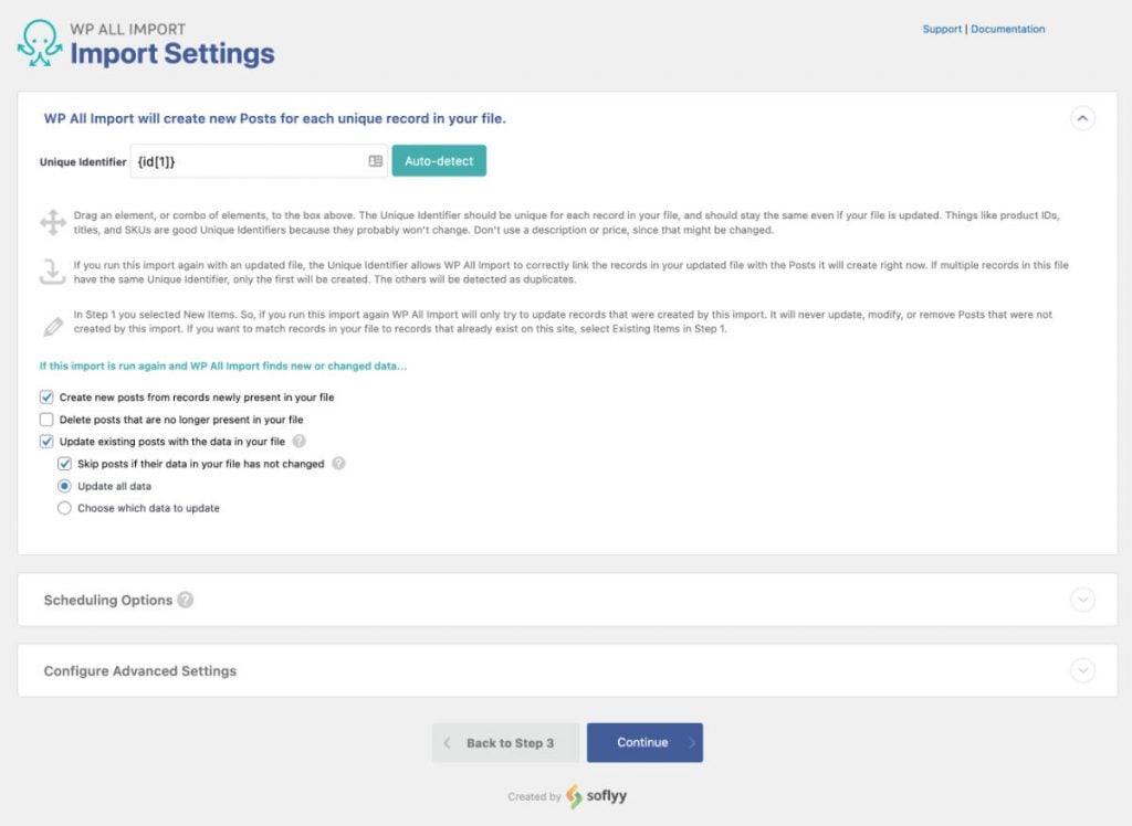 WP All Import import settings