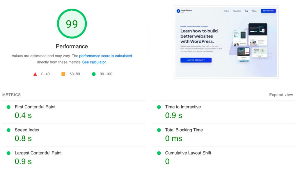 Motion.page PageSpeed report with a 99 score