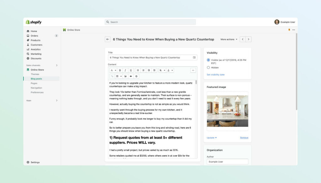 Editing a post in Shopify