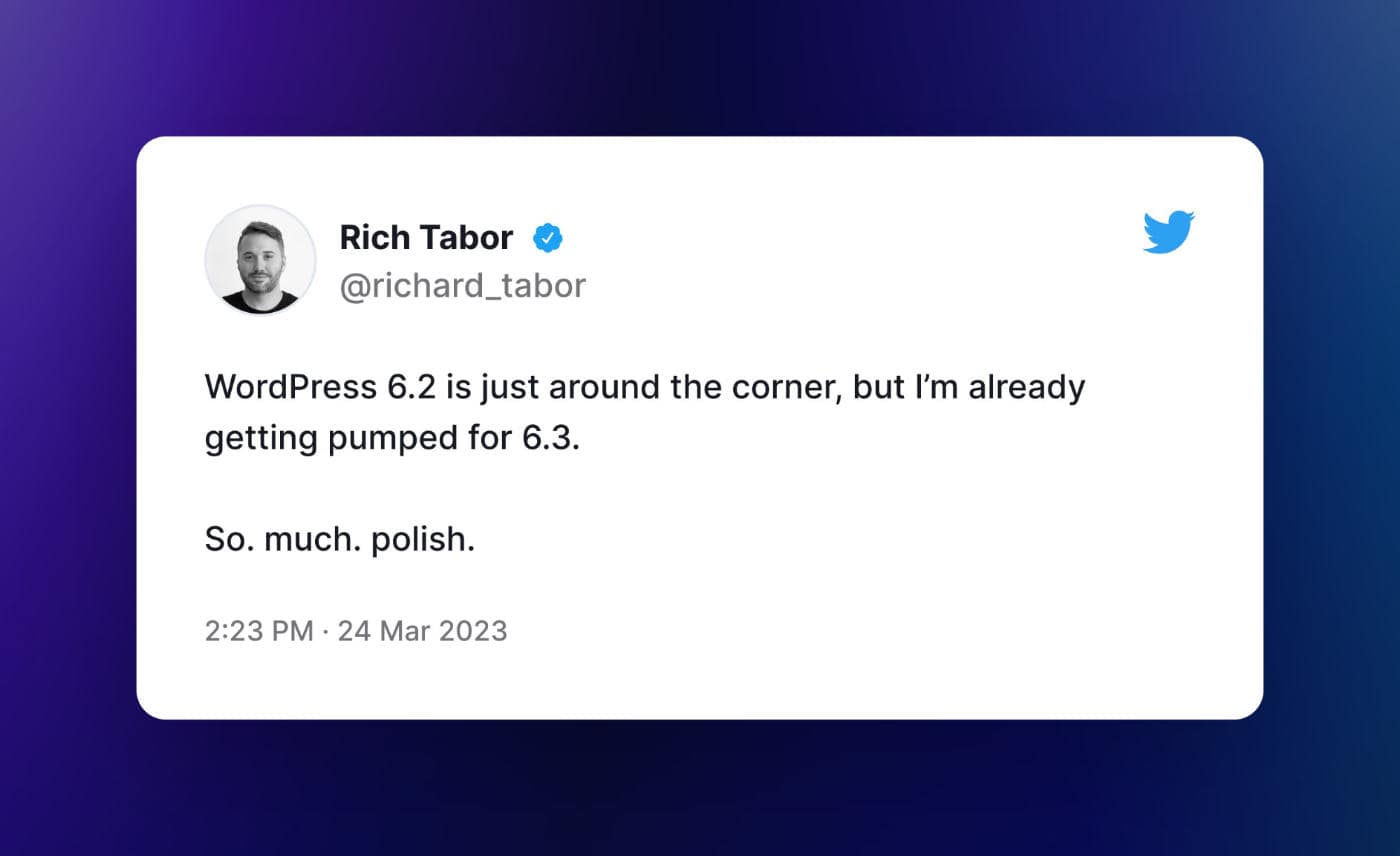 "WordPress 6.2 is just around the corner, but I’m already getting pumped for 6.3. 

So. much. polish."
