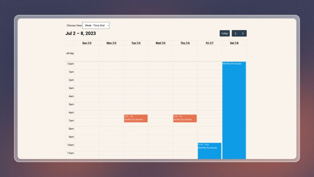 Pie Calendar time grid view