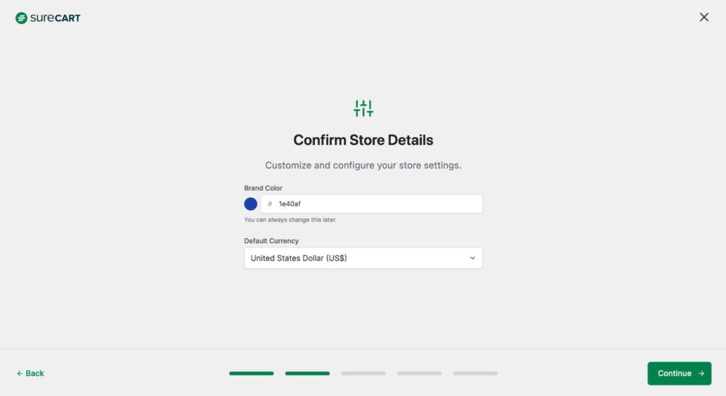 SureCart onboarding store details