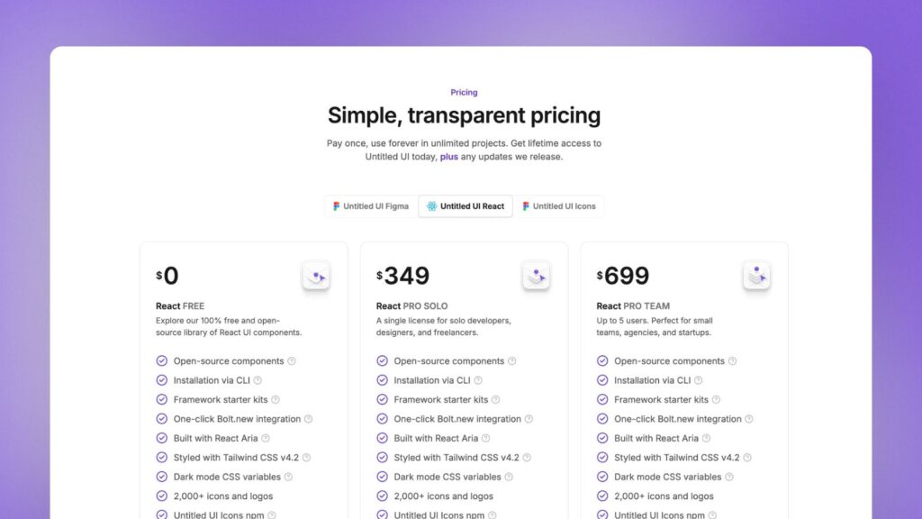 Untitled UI React pricing